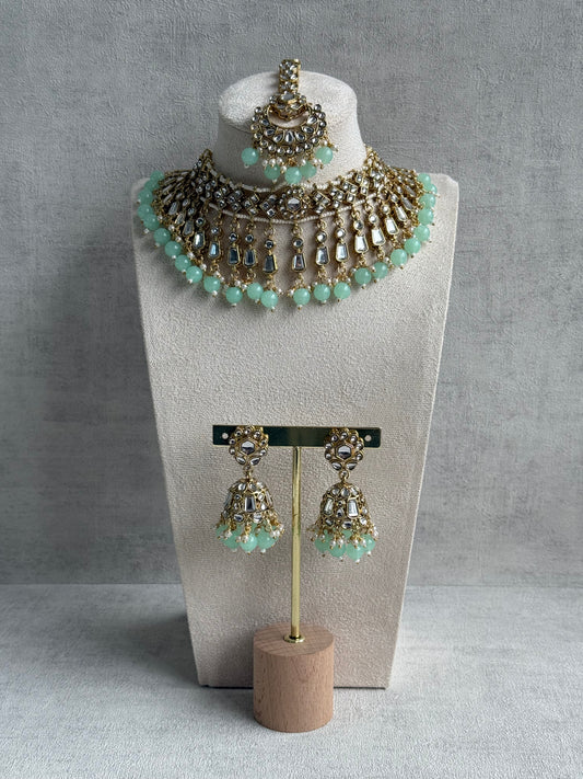 Ayura Designs Shaheen Set with Jhumkis & Tikka – Pistachio Green Beads, Mirror Kundan & Gold Finish
