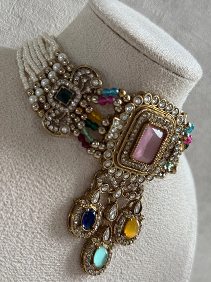 Ayura Designs Nabiha Choker Set with Studs – Blush Pink & Multicolour Stones, Pearl Detailing & Antique Gold Finish