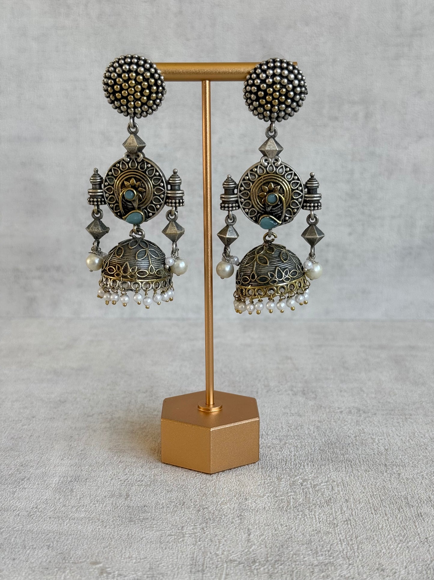 Ayura Designs Elaf Jhumki Earrings – Oxidised Silver Jhumkis with Peacock Motifs, Turquoise Stones & Pearl Drops