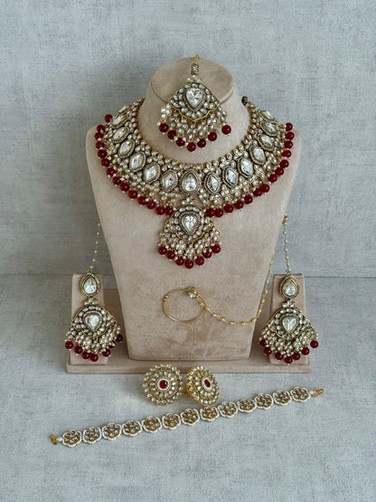 Ayura Designs Gulbahar Bridal Set with Necklace, Jhumkis, Tikka, Nath, Ring & Sheeshphool – Jadau Kundan Craftsmanship with Mirror-Cut Polki, Red Beads & Antique Gold Finish