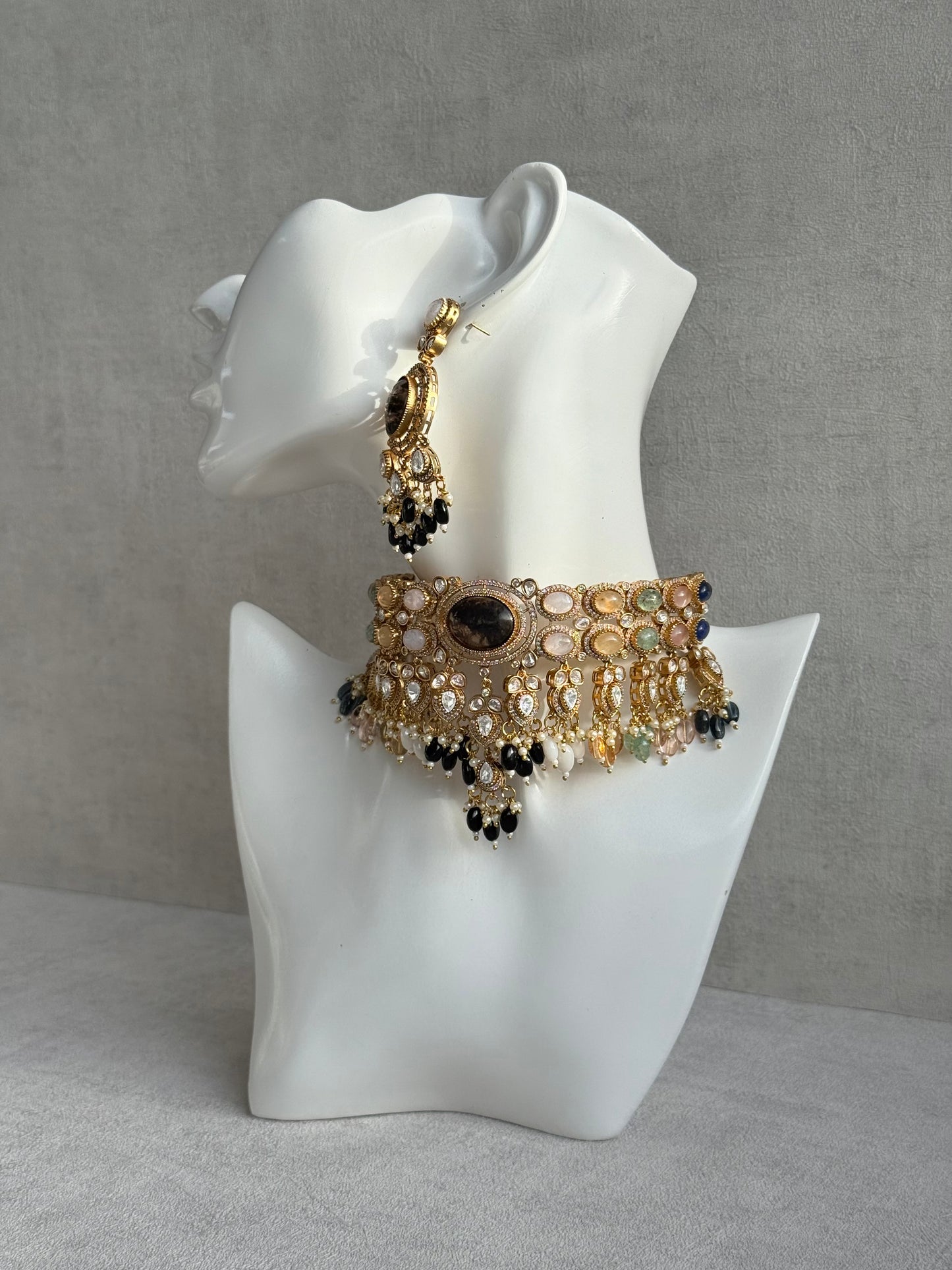 Ayura Designs Poppy Choker Set with Statement Earrings – Smoky Stone Centre with Pastel Beads, Pearls and Black Drops