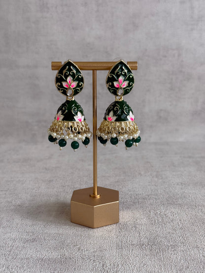 Ayura Designs Gia Jhumkis – Emerald Green Meenakari with Pink Lotus Motifs & Ivory Pearl Drops