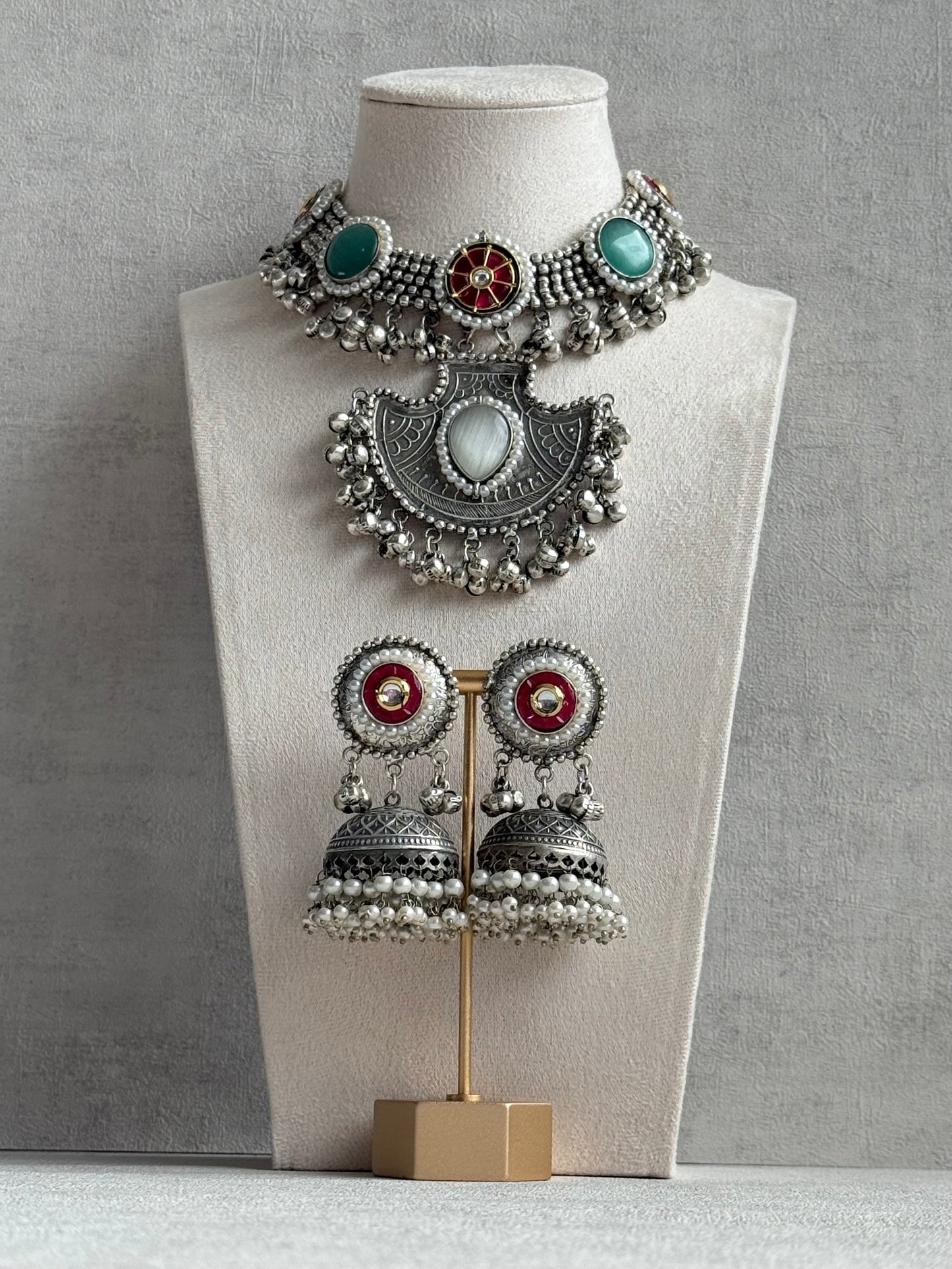 Ayura Designs Zareefa Necklace Set with Jhumkis – Oxidised Silver Pendant Necklace with Multicolour Stones, Pearl Detailing & Ghungroo Accents