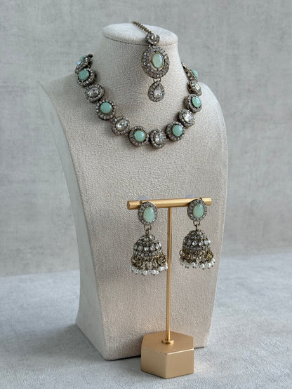Ayura Designs Eira Necklace Set with Earrings & Tikka – Mint Green & Crystal Stones with Antique Gold Finish