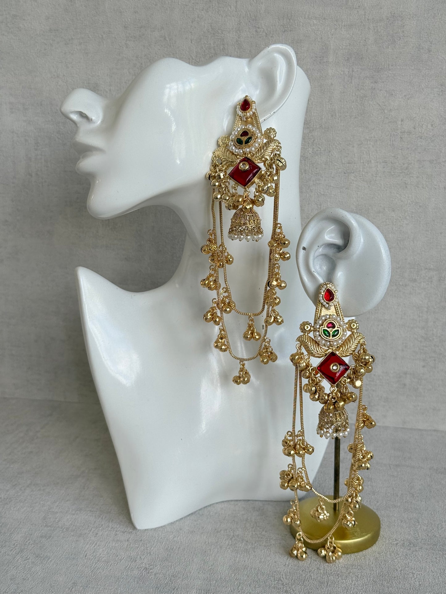 Ayura Designs Simal Earrings – Kashmiri Earrings with Red Stone, Multicoloured Detailing, Layered Ghungroo Chains & Jhumkis