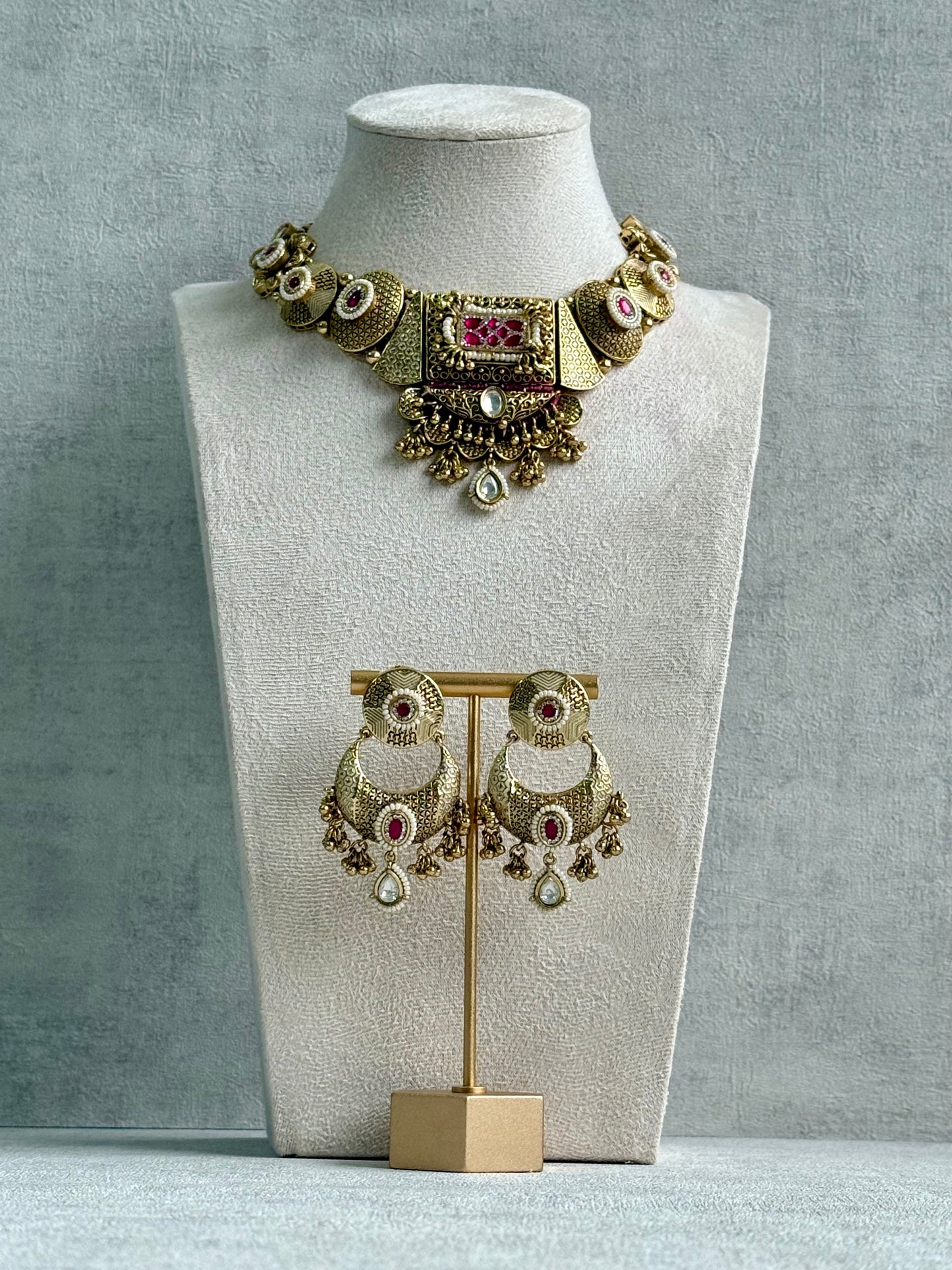 Ayura Designs Purvi Set – Necklace & Earrings with Antique Gold Filigree, Fuchsia Pink & Pearl Detailing