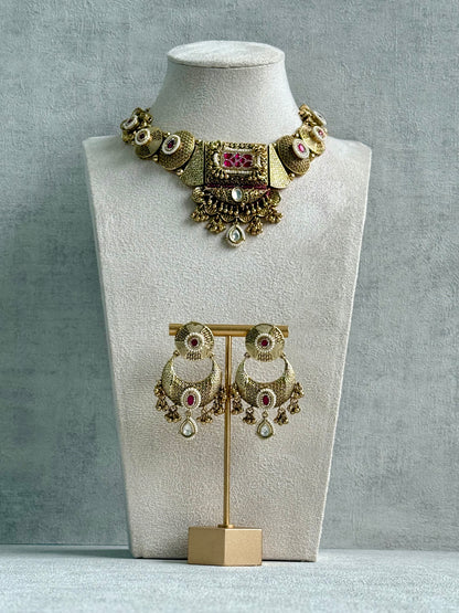 Ayura Designs Purvi Set – Necklace & Earrings with Antique Gold Filigree, Fuchsia Pink & Pearl Detailing