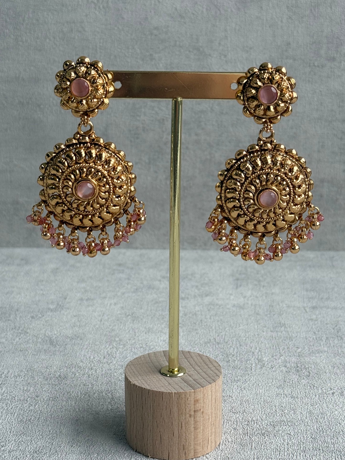 Ayura Designs Rummy Set – Statement Necklace, Earrings & Tikka with Blush Pink Beads and Polished Gold Finish