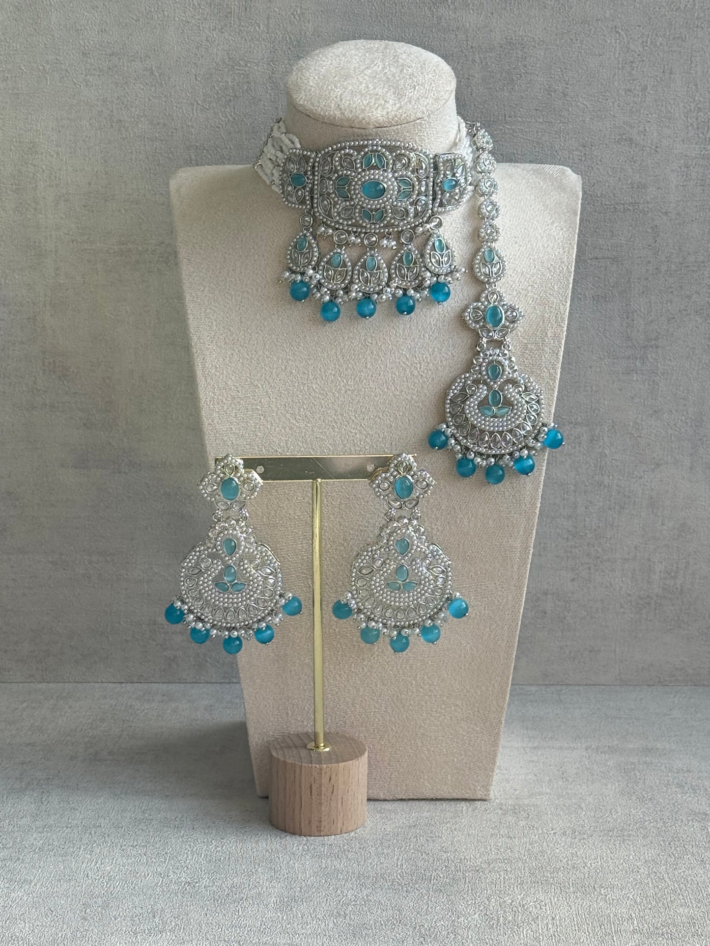 Ayura Designs Zarlish Set – Choker, Earrings & Tikka with Mirror-Cut Stones, Aqua Blue Beads & Silver Finish