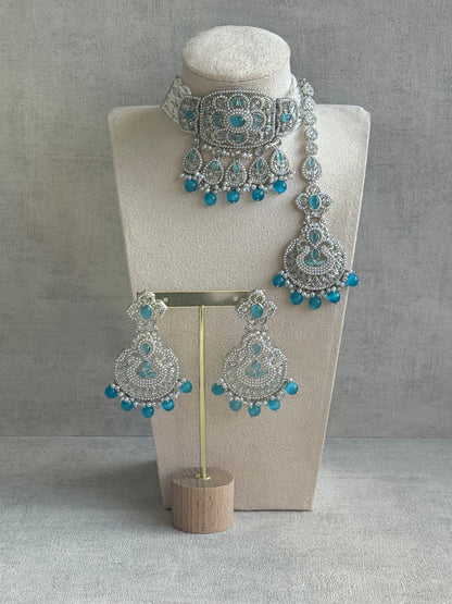 Ayura Designs Zarlish Set – Choker, Earrings & Tikka with Mirror-Cut Stones, Aqua Blue Beads & Silver Finish