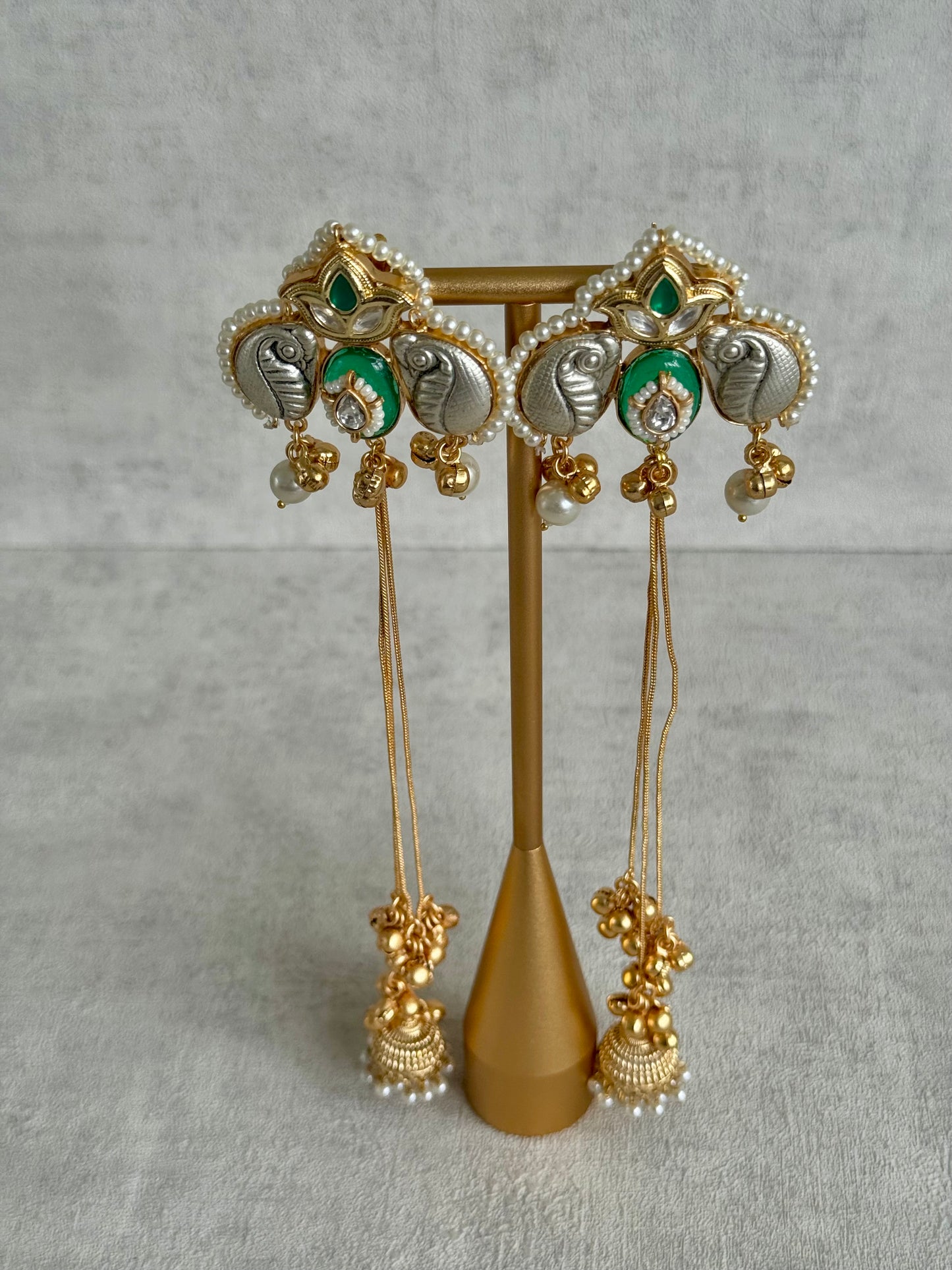 Ayura Designs Sozni Kashmiri Earrings – Meenakari with Emerald Green & Diamond-Cut Detailing