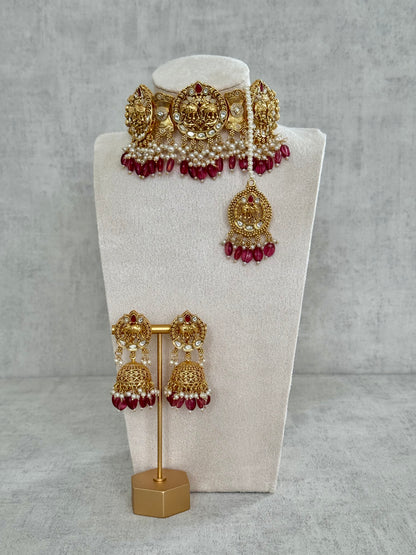 Ayura Designs Tanu Choker Set with Earrings & Tikka – A Golden Harmony of Pearls, Ruby Red Accents & Intricate Gold Detailing