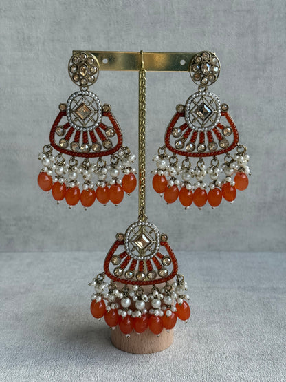 Ayura Designs Qudsia Set with Necklace, Earrings & Tikka – Burnt Orange Stones, Kundan Detailing & Antique Gold Finish