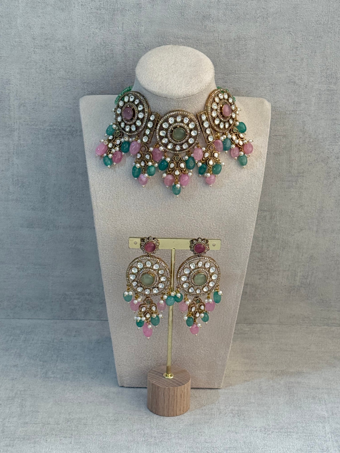 Ayura Designs Harper Set – Antique Gold Choker & Earrings with Mint Green & Blush Pink Beads, Kundan Stones & Pearl Detailing
