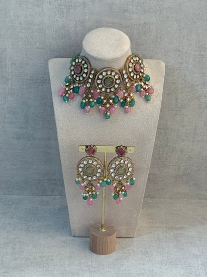 Ayura Designs Harper Set – Antique Gold Choker & Earrings with Mint Green & Blush Pink Beads, Kundan Stones & Pearl Detailing