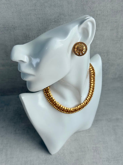 Ayura Designs Sathya Necklace Set with Stud Earrings – Antique Gold Temple Style with Textured Beadwork