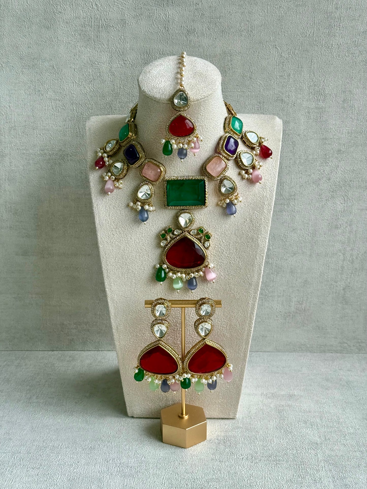 Ayura Designs Lara Set – Statement Multicolour Necklace, Earrings & Tikka with Ruby, Emerald & Pastel Beads