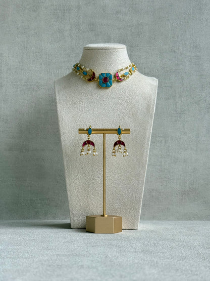 Ayura Designs Mahi Choker Set with Earrings – Meenakari Kundan Turquoise Blue & Hot Pink Detailing