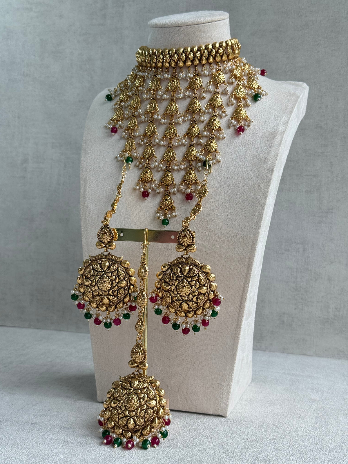 Ayura Designs Karima Choker Set with Sahare Earrings & Tikka – Waterfall Design, Rani Pink & Green Beads, Pearls & Antique Gold Finish