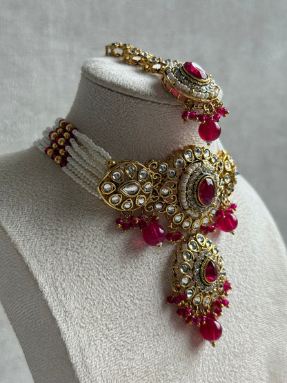 Ayura Designs Muskaan Set – Choker, Jhumkis & Tikka with Fuchsia Beads, Kundan Stones & Antique Gold Finish