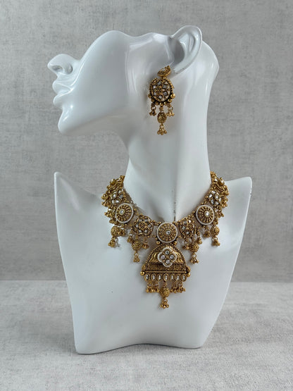 Ayura Designs Kriti Necklace Set with Earrings – Antique Gold Kundan Design with Ivory Pearls & Ghungroo Detailing