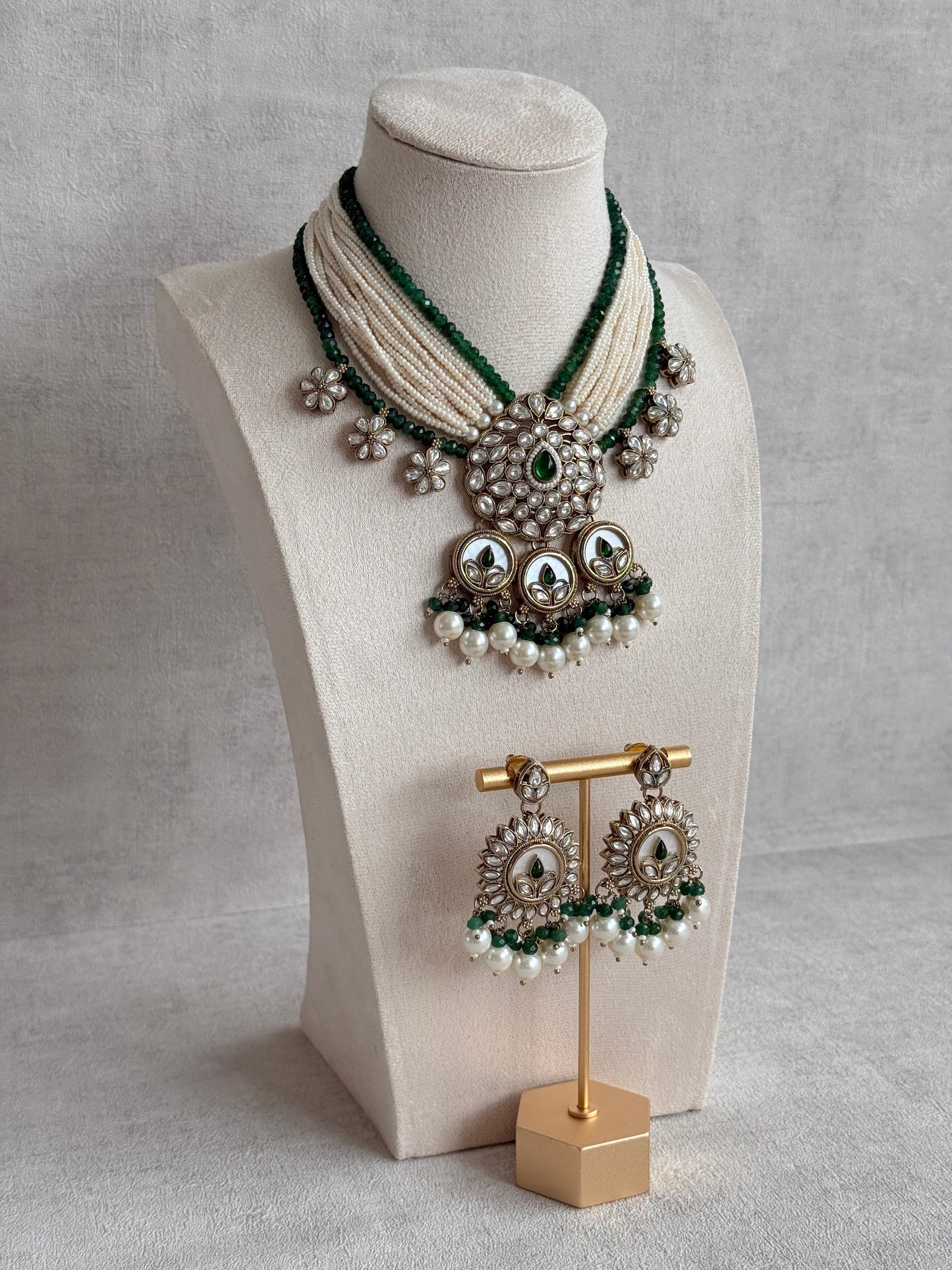 Ayura Designs Callie Set with Earrings – Emerald Green, Ivory Pearl & Jadau Detailing