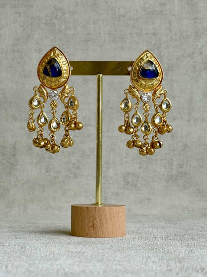 Ayura Designs Arheer Earrings – Sapphire Blue Marble with Kundan Detailing & Antique Gold Ghungroos