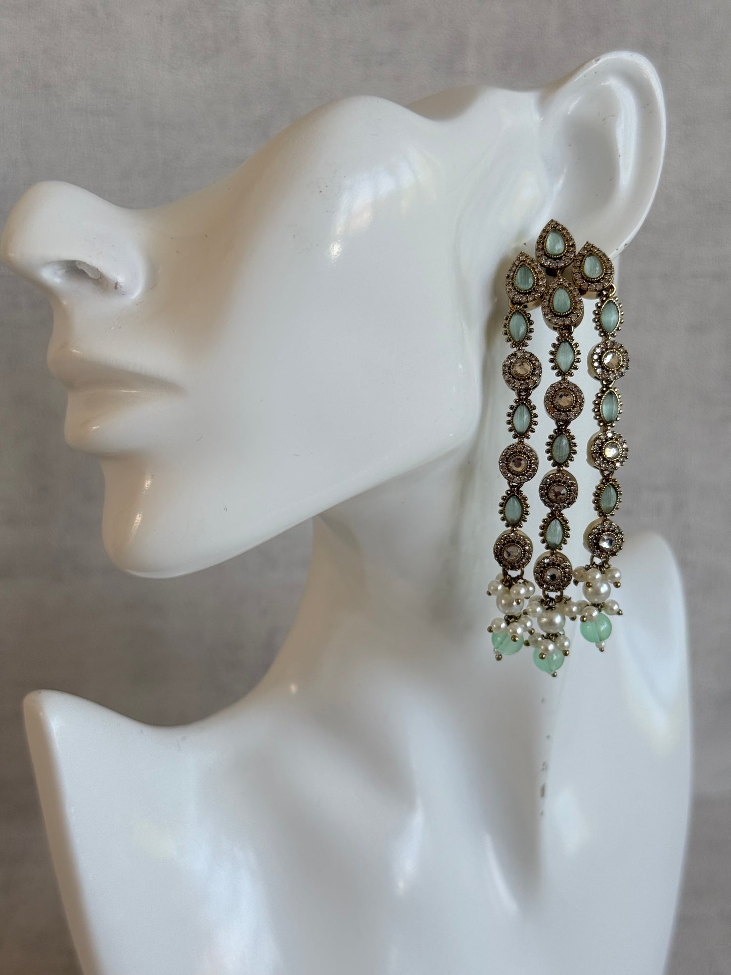 Ayura Designs Emilia Earrings – Gold Triple Strand Statement Earrings with Mint Green Stones & Pearl Drops