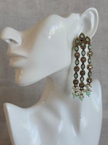 Ayura Designs Emilia Earrings – Gold Triple Strand Statement Earrings with Mint Green Stones & Pearl Drops