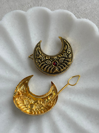 Ayura Designs Jivani Hair Pins – Ornate Crescent Moon Design with Ruby  Stones & Antique Gold Finish