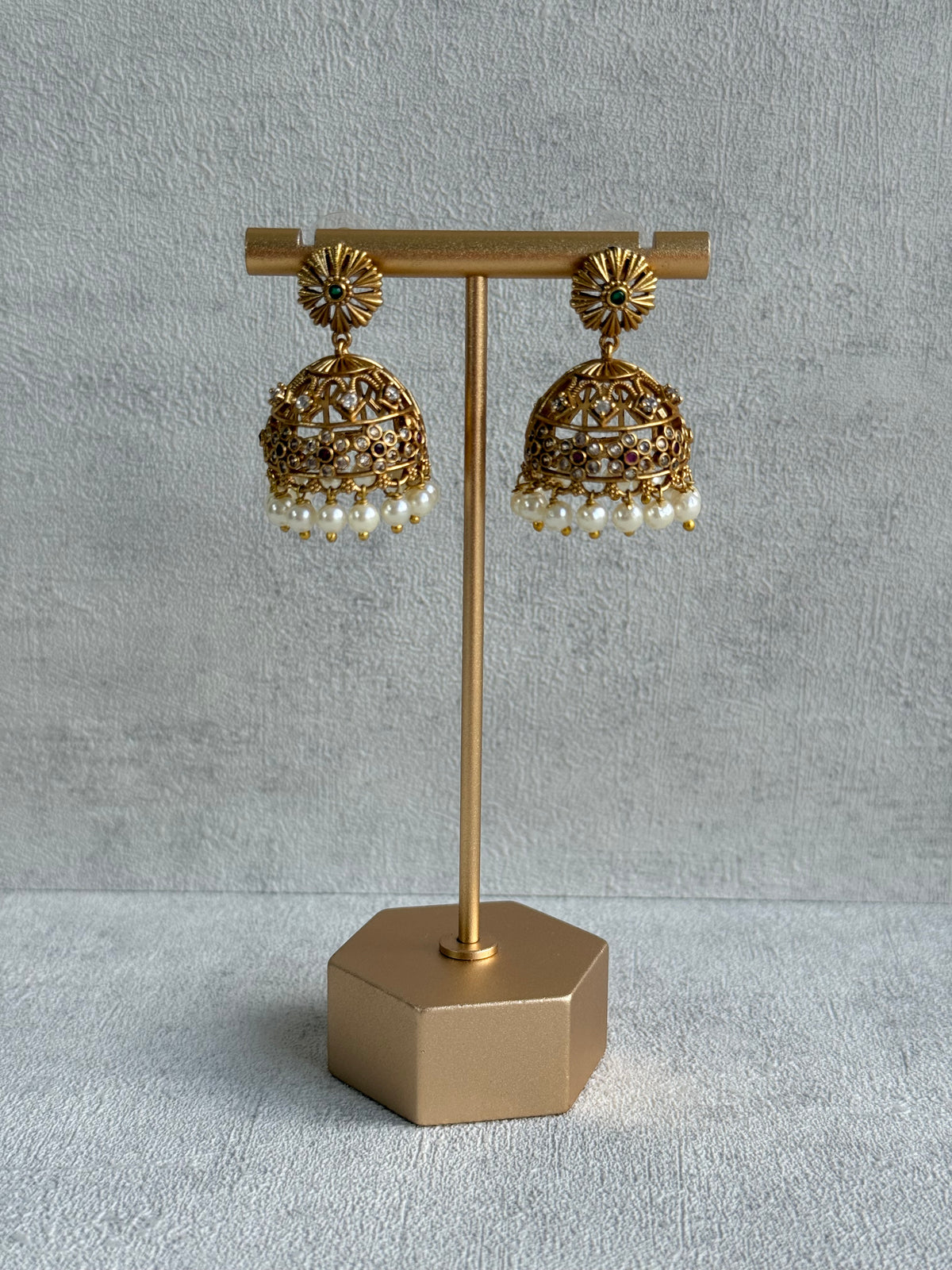 Ayura Designs Parul Jhumkis – Antique Gold with Multicolour Stones & Pearl Drops