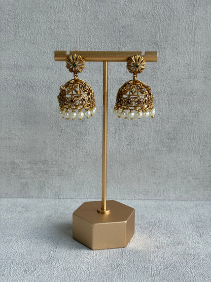 Ayura Designs Parul Jhumkis – Antique Gold with Multicolour Stones & Pearl Drops