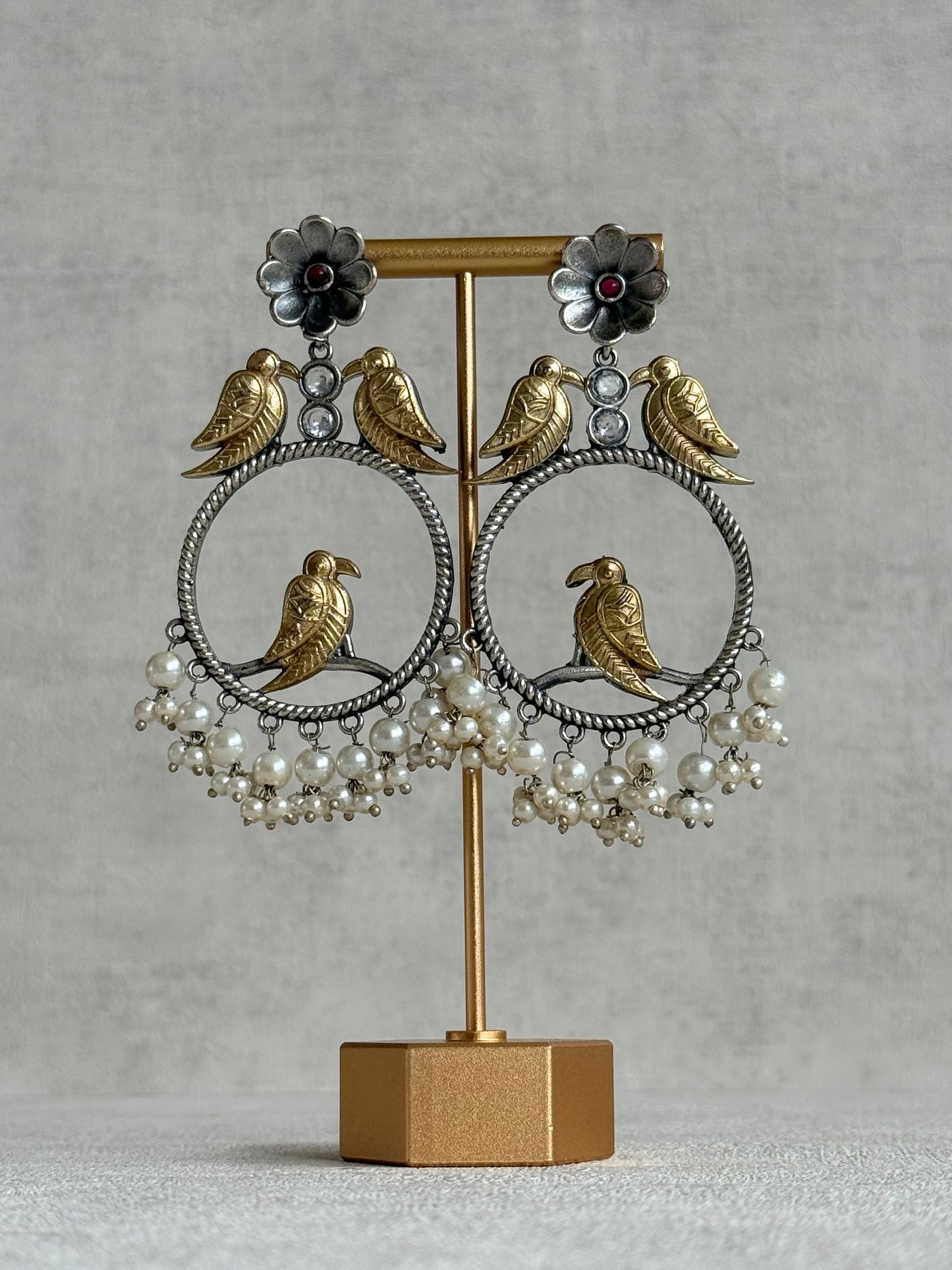 Ayura Designs Wasl Earrings – Dual Tone Oxidised Bird Hoop Earrings with Pearl Clusters