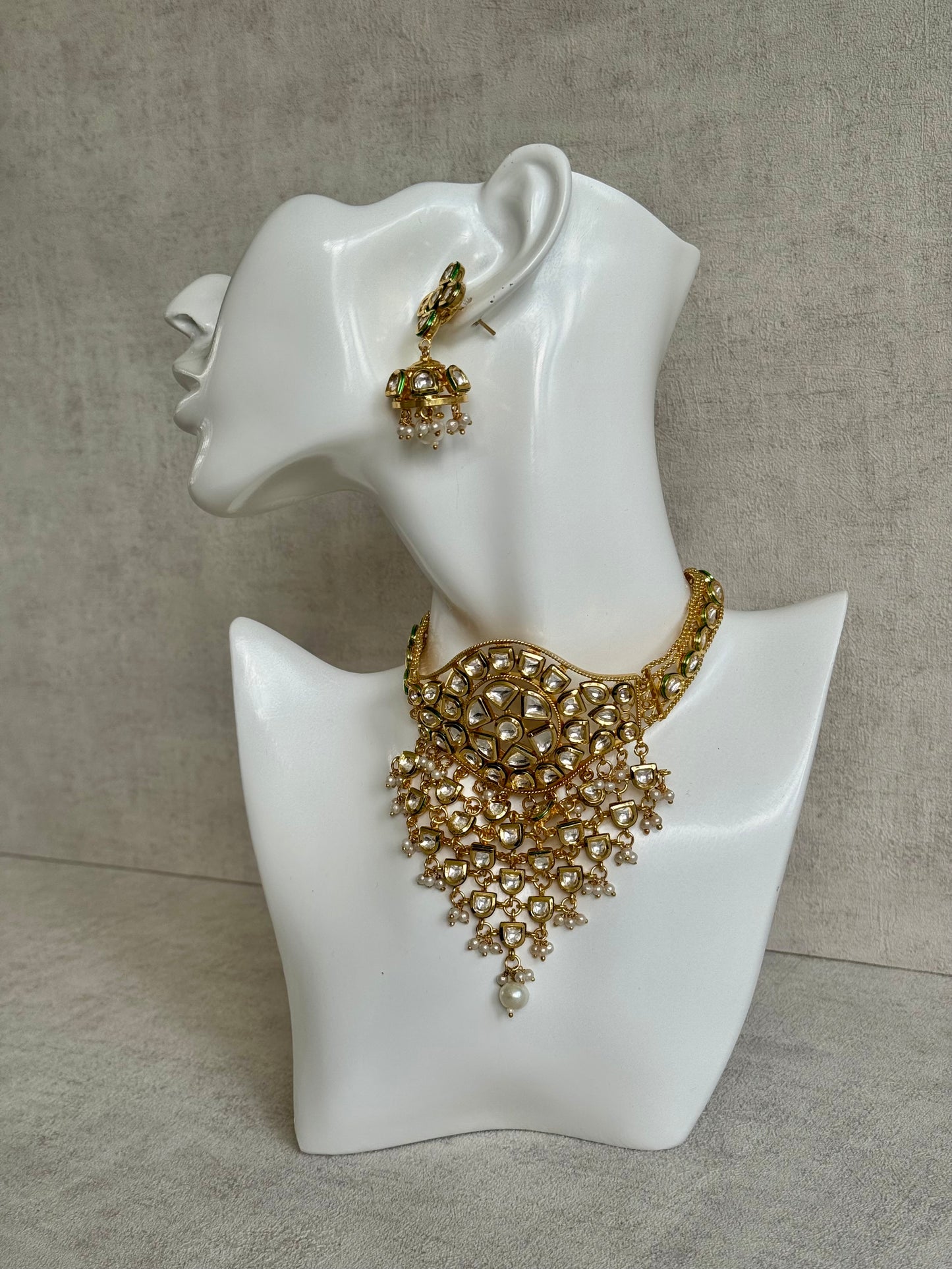 Ayura Designs Sophia Set with Earrings – Kundan Stones, Pearl Detailing & Gold Finish