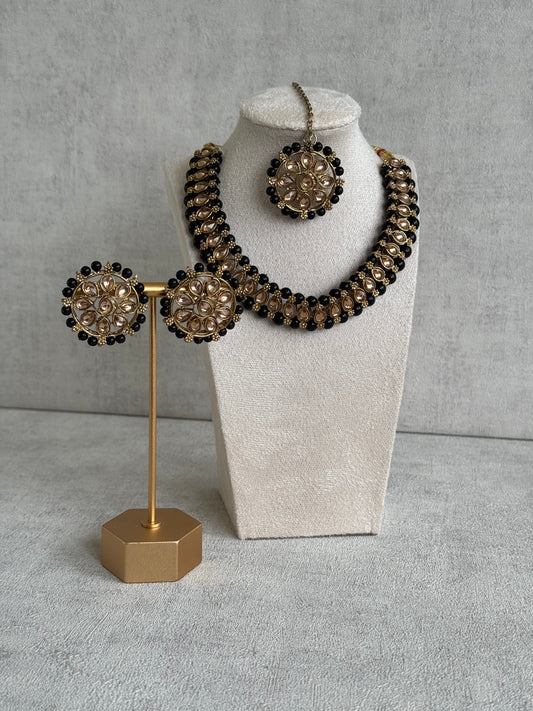 Ayura Designs Hala Set with Tikka & Studs – Midnight Black Beads & Champagne Kundan