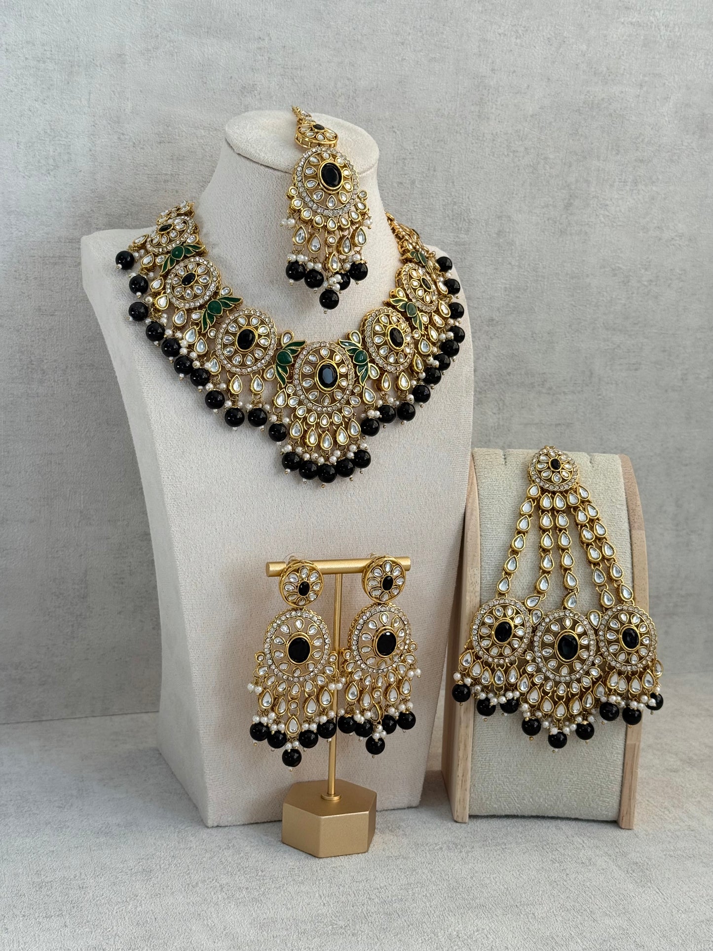 Ayura Designs Zara Set with Necklace, Earrings, Tikka & Passa – Antique Gold with Kundan Detailing & Black Beads
