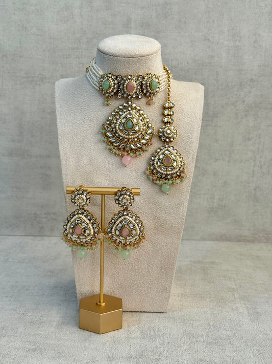 Ayura Designs Tehreem Set with Necklace, Earrings & Tikka – Mirror-Cut Stones, Mint Green & Pink Beads & Antique Gold Finish