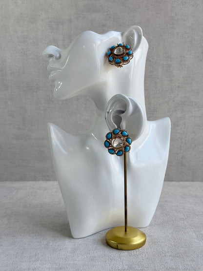 Ayura Designs Giana Stud Earrings – Turquoise Blue & Crystal Kundan with Gold Finish