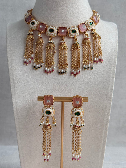 Ayura Designs Thansi Necklace Set with Earrings – Pink & Green Stones, Enamel Detailing, Chains with Pearl Drops & Gold Finish