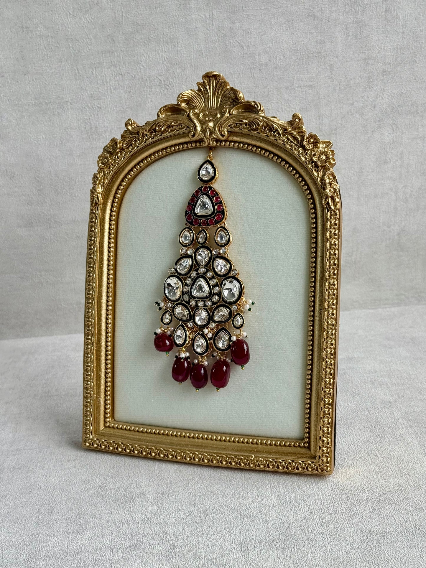 Ayura Designs Salma Jhoomar Passa – Ruby Red Beads with Kundan Stones & Antique Gold Finish