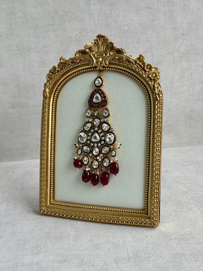 Ayura Designs Salma Jhoomar Passa – Ruby Red Beads with Kundan Stones & Antique Gold Finish