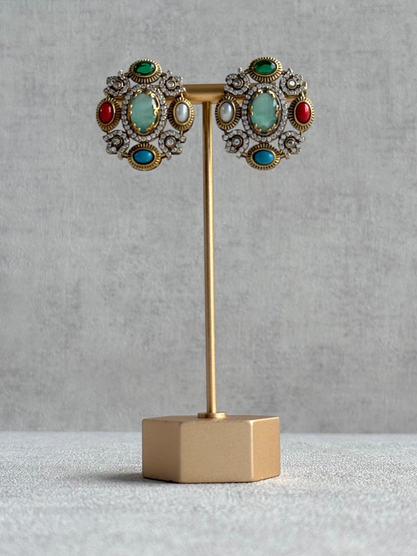 Ayura Designs Celia Stud Earrings – Sea Green & Multicolour Stones with Gold Finish