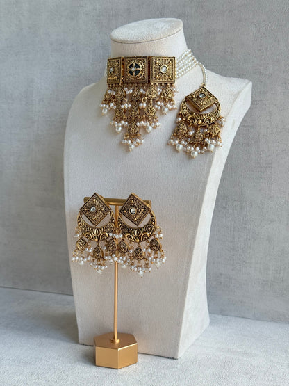Ayura Designs Samera Choker Set with Earrings & Tikka – Ivory Beads, Pearl Detailing, Green Centre Stone, Floral Motifs & Antique Gold Finish