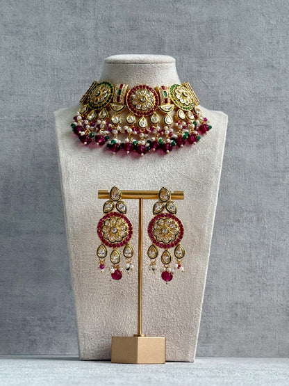 Ayura Designs Yasvi Set – Necklace & Earrings with Mirror-Cut Stones, Fuchsia Pink, Emerald Green & Pearl Detailing