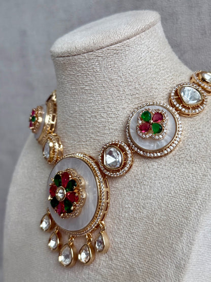 Ayura Designs Wisah Set – Necklace & Earrings with Mirror-Cut Stones, Fuchsia, Emerald & Mother-of-Pearl Detailing