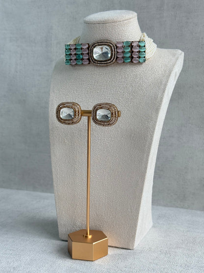 Ayura Designs Emma Choker Set – Mint Green & Blush Pink Gemstone Choker & Studs with Mirror-Cut Centrepiece, Pearl Strands & Crystal Borders