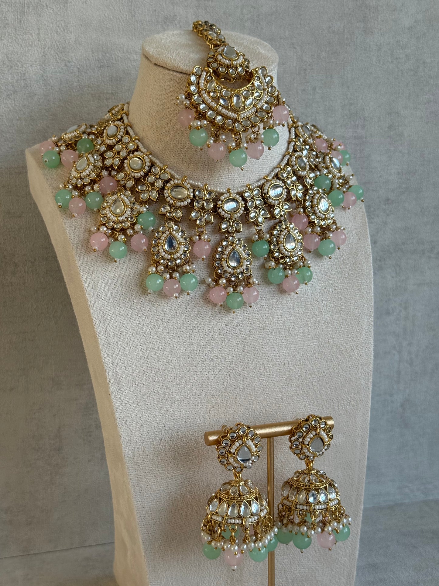 Ayura Designs Iyla Set with Necklace, Earrings & Tikka – Kundan Detailing, Ivory Pearl Drops & Mint & Blush Beads