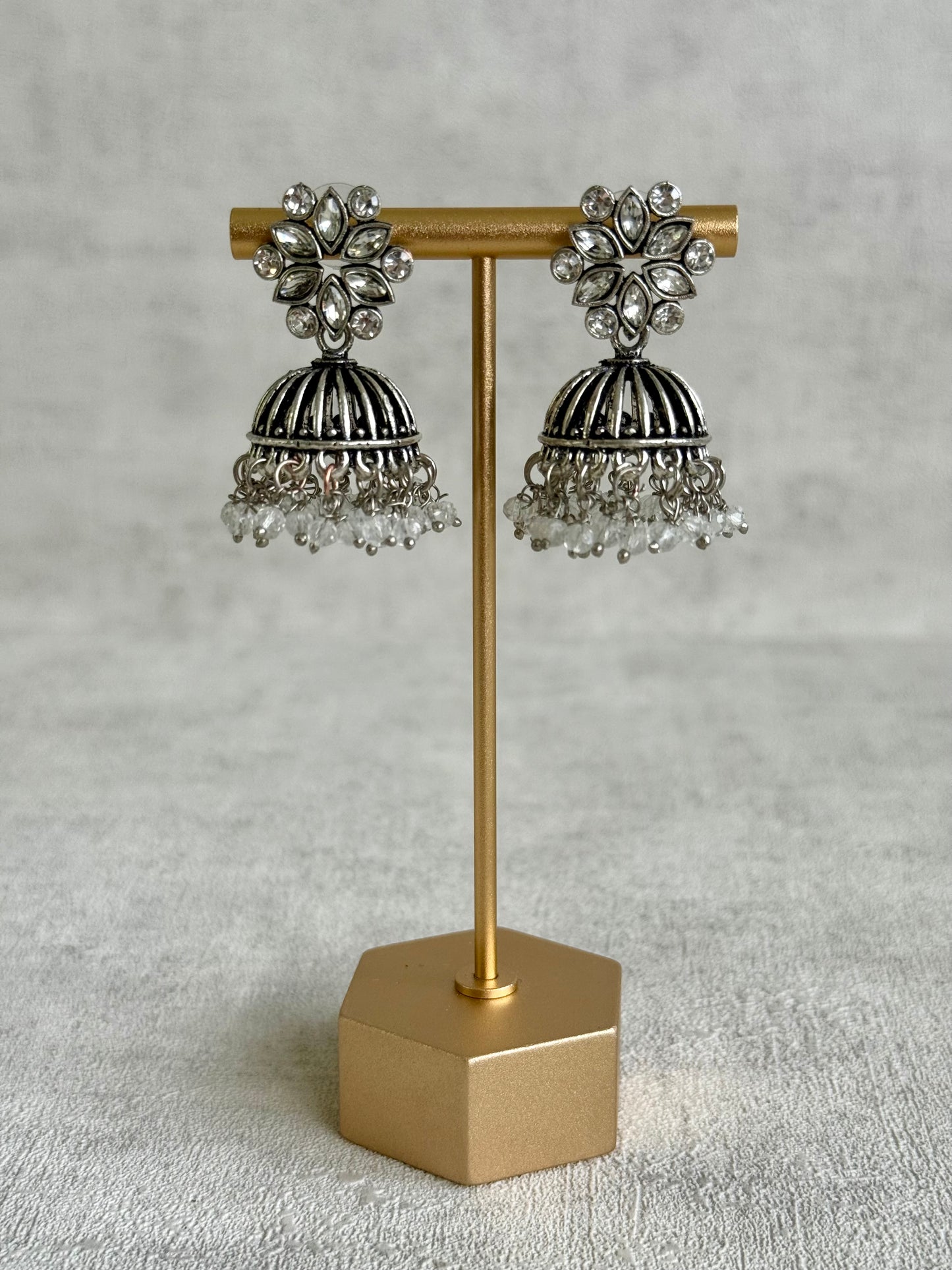 Ayura Designs Syra Jhumkis – Mirror-Cut Stone Tops, Crystal Drop Fringe & Oxidised Silver Finish