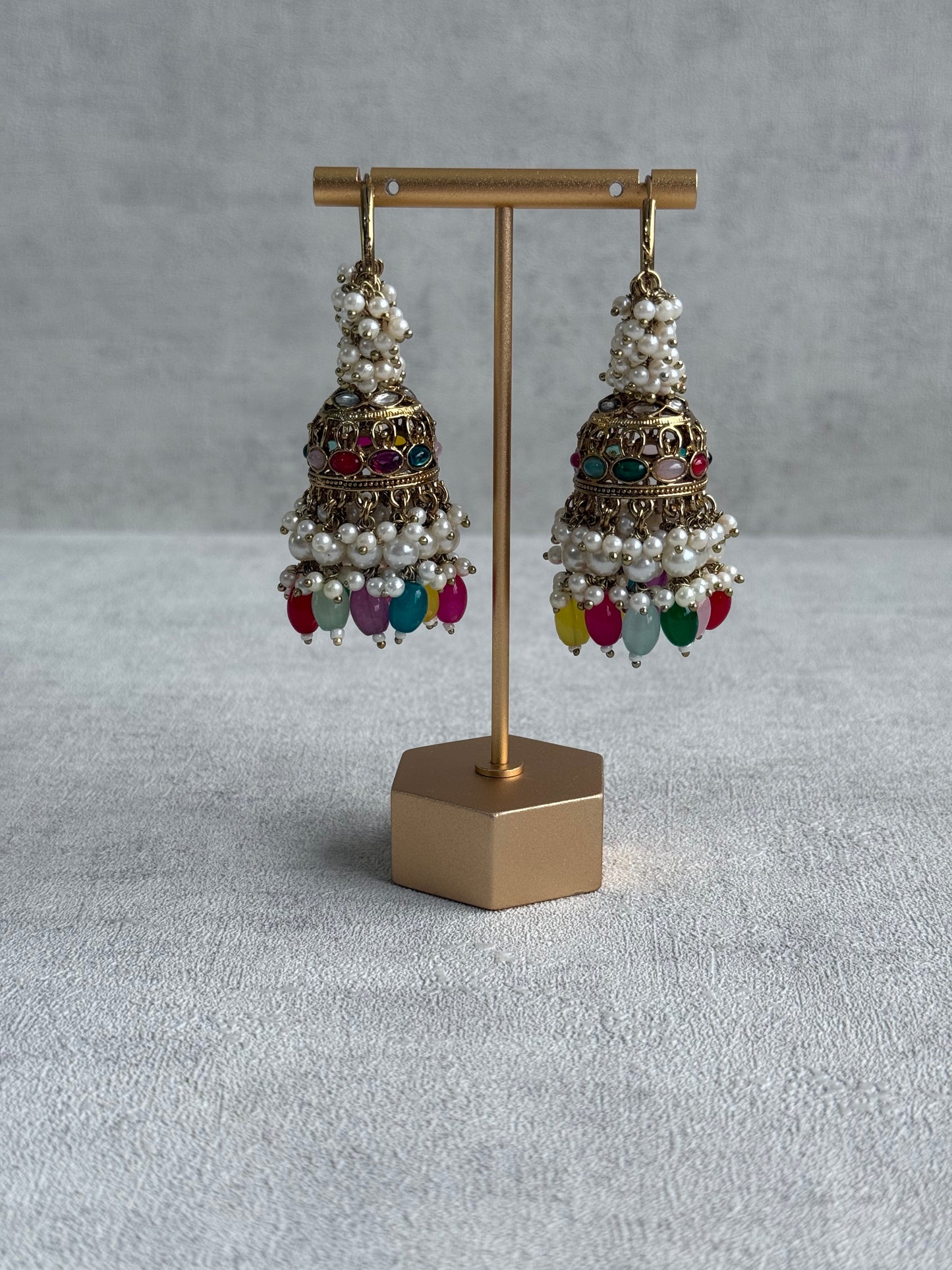Ayura Designs Jugni Jhumkis – Antique Gold Balis with Multicolour Beads & Pearl Clusters