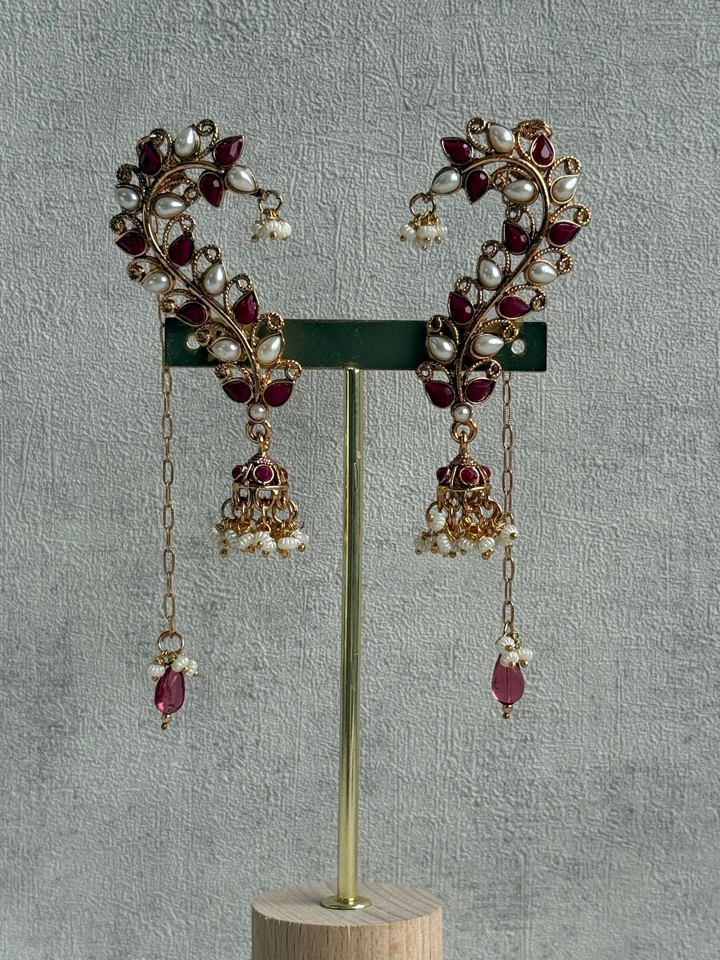 Ayura Designs Mastani Earrings – Gold Ear Climbers with Ruby Stones, Pearls & Jhumki Drops